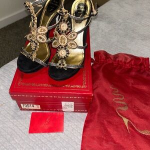 Rene Caovilla Black and Gold Embellished Heels